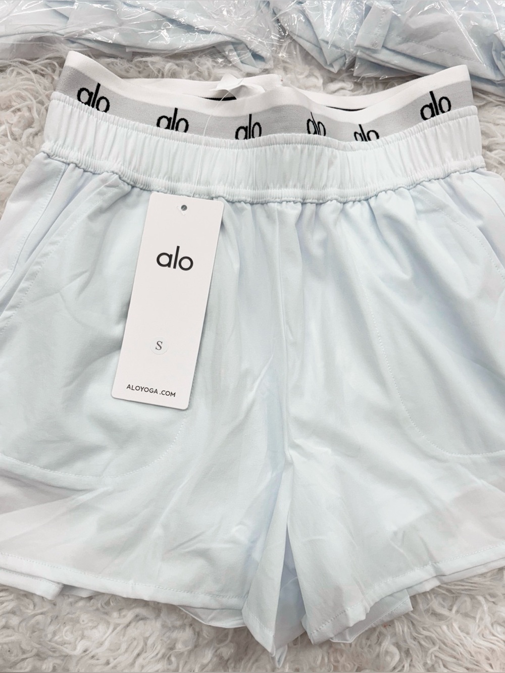 Alo Light Blue/white  Athletic Shorts with Branded Waistband